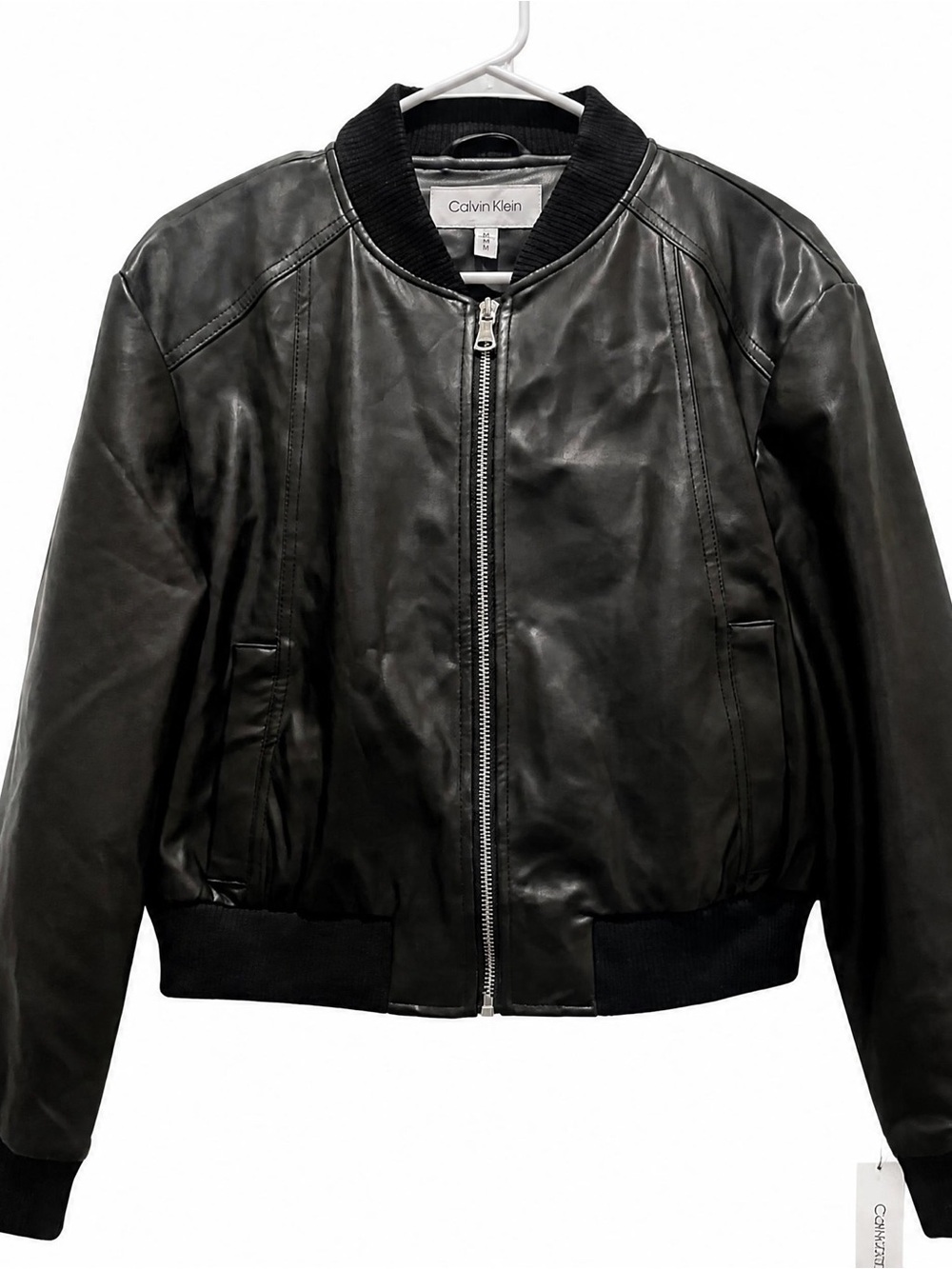 Calvin Klein Black Leather Bomber Jacket - Women's Ribbed Trim